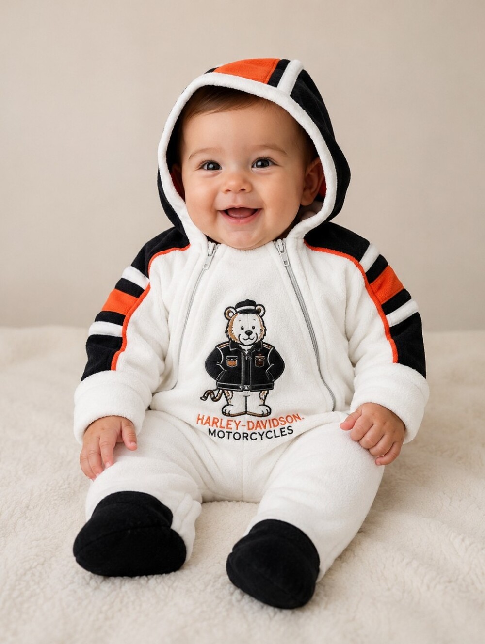 Harley-Davidson Baby Bear Hooded Fleece Bunting Onesie 3-6 Months White Black Or